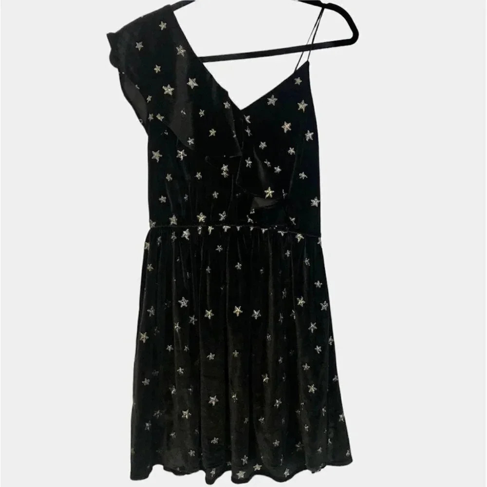 Aqua Black Velvet Star Ruffle Accent Asymmetrical Dress Size Large NWT